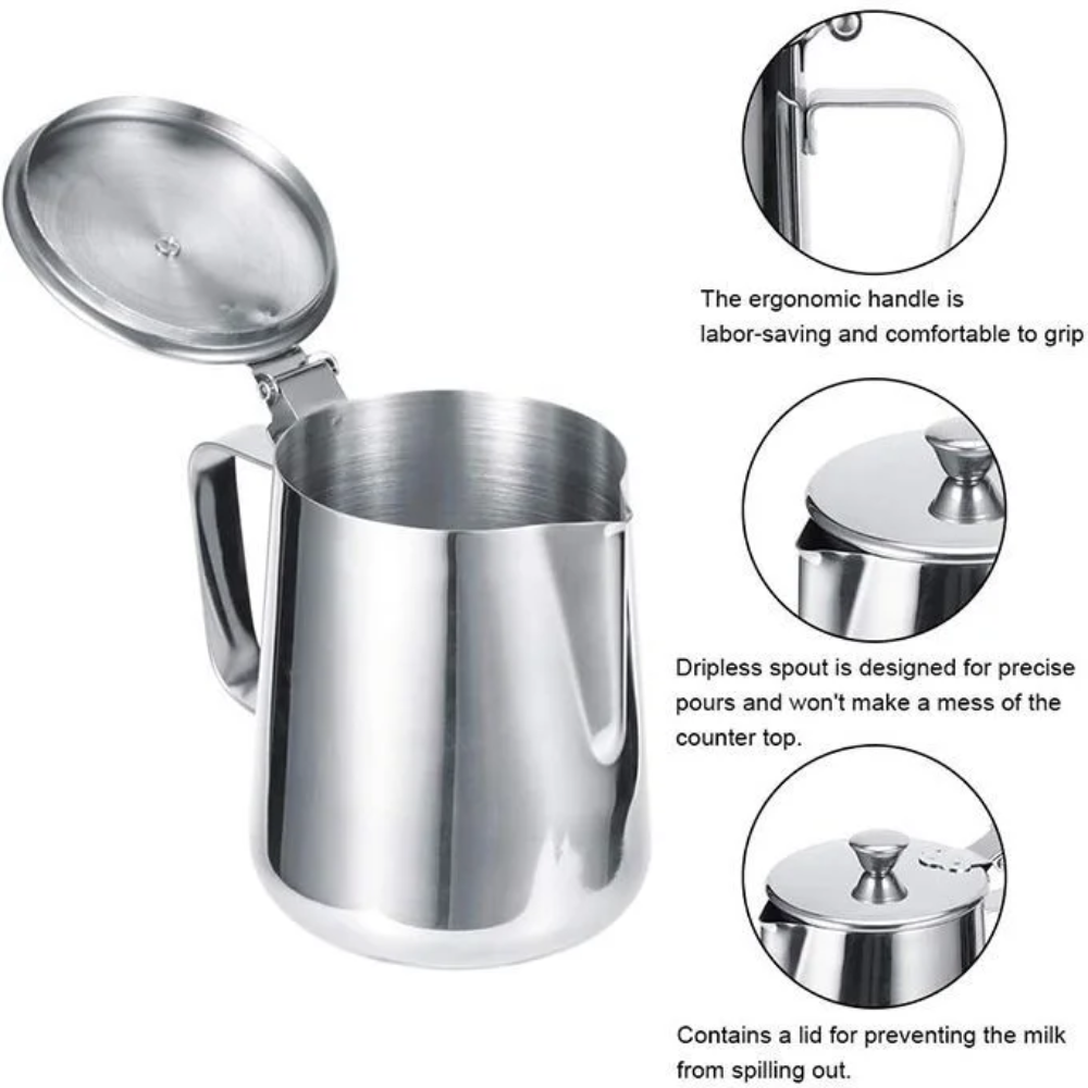 Pot À Lait 1 Litre Inox Avec Couvercle, Pichet À Lait Pour Faire Mousse De Lait