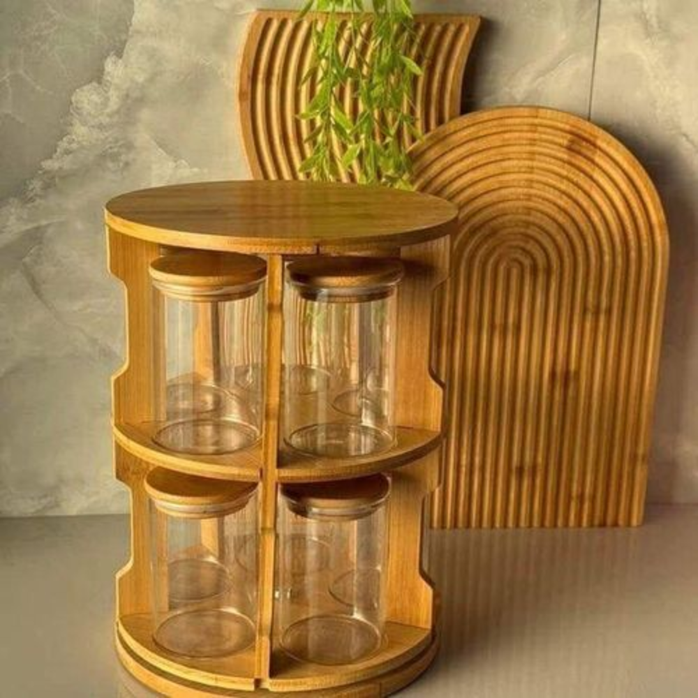 Ensemble De 10 Bocaux En Verre Avec Support Rotatif En Bambou