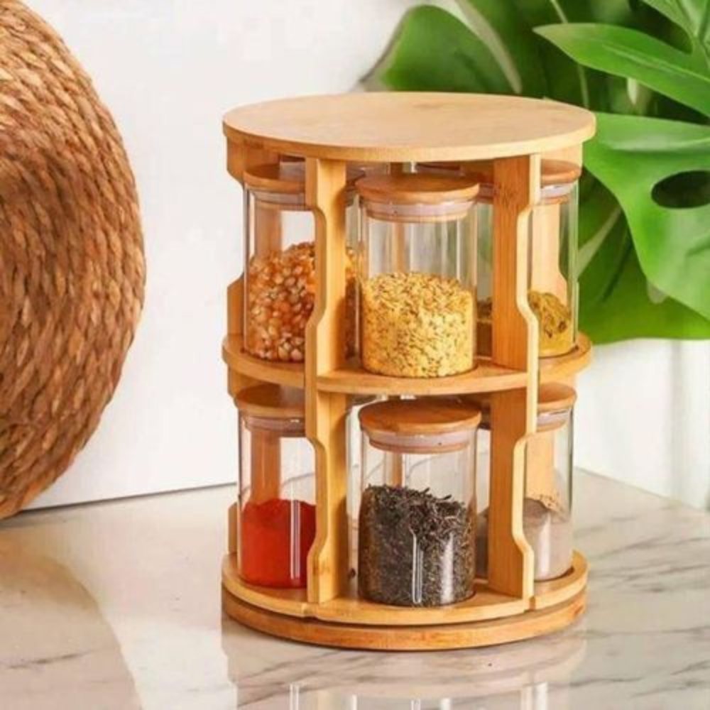 Ensemble De 10 Bocaux En Verre Avec Support Rotatif En Bambou thumbnail 5