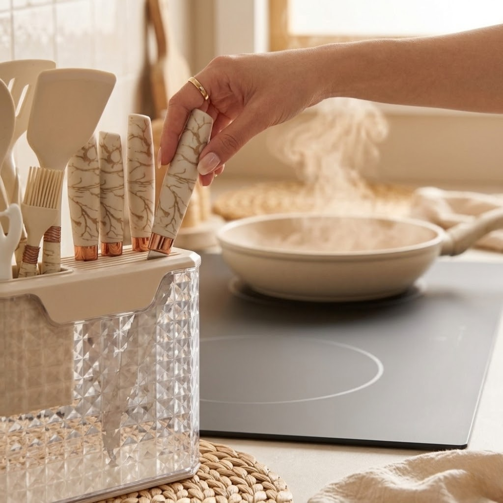 Set d’Ustensiles de Cuisine 16 Pièces avec Support Design Marbre - Couleur aleatoire 