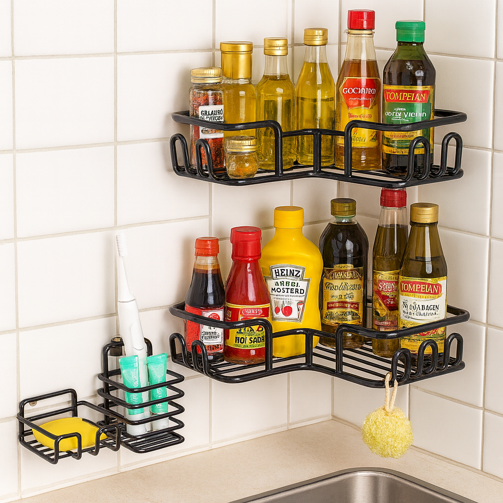 Étagère de Rangement d'angle Organisateur Coin Salle de Bain Cuisine Douche SANS perçage thumbnail 3