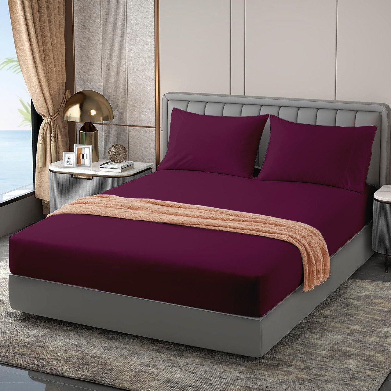 Pack Draps Aubergine - 2 Places (drap Housse + Drap Plat + 2 Taies D’oreiller ) thumbnail 5