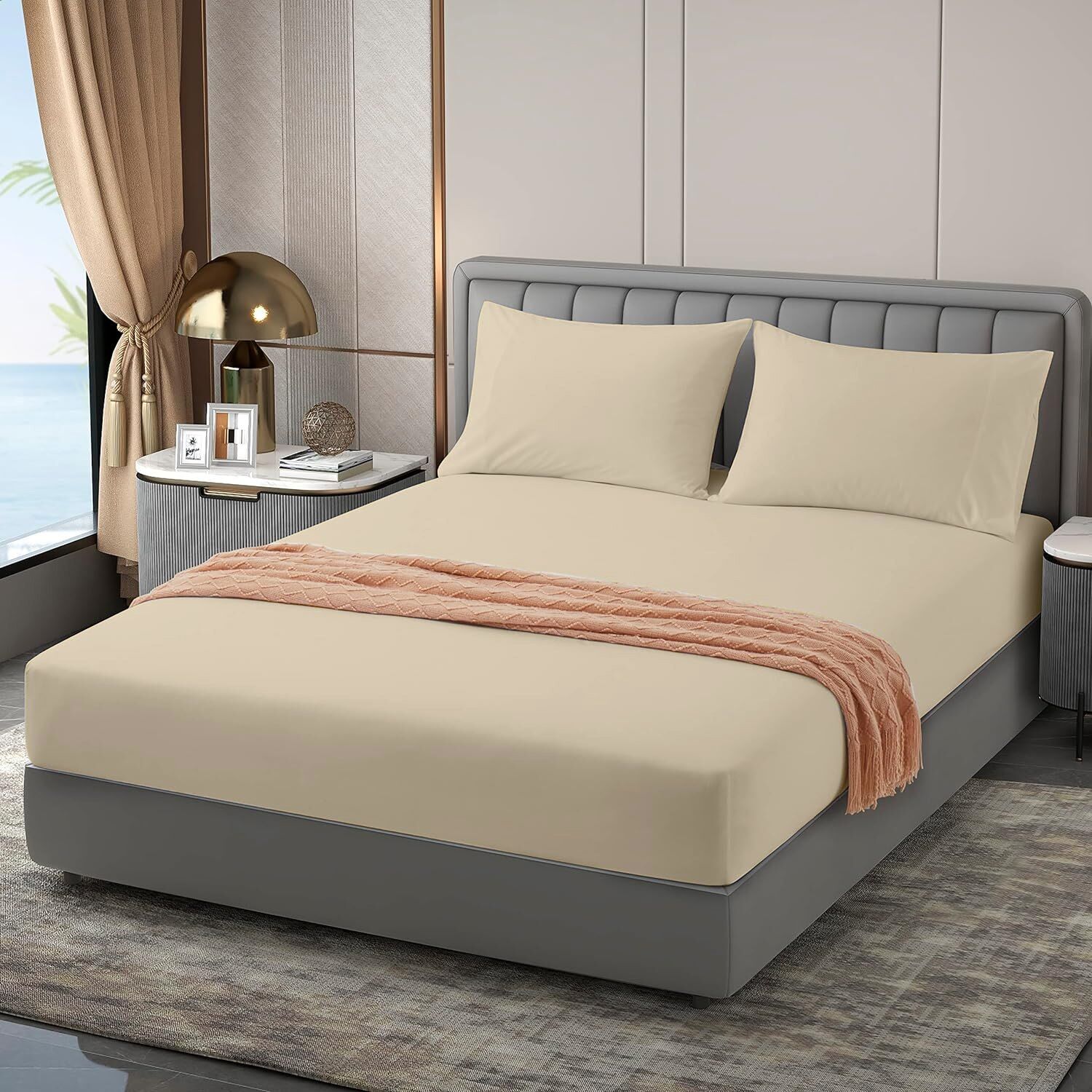 Pack Draps Beige Sable 1 Place ( Drap Housse + Drap Plat + 1 To)