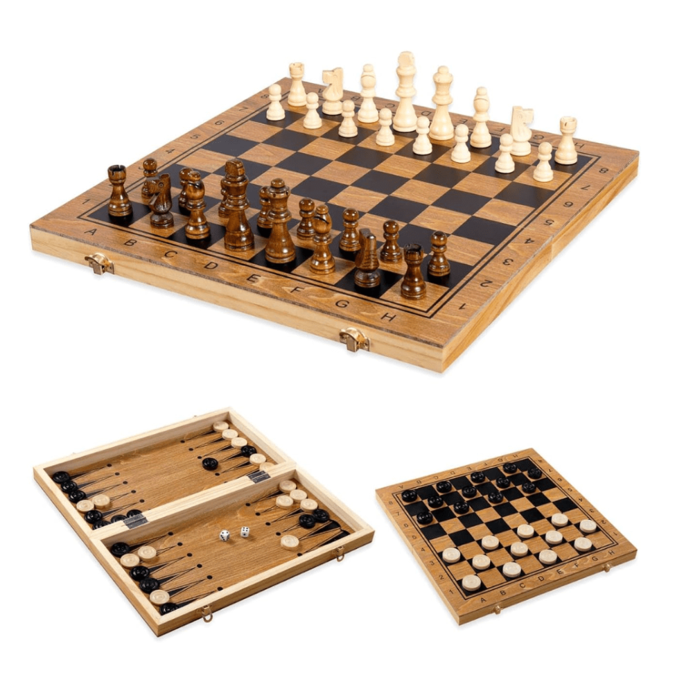 Jeu De Societe 3 En 1 En Bois – Echecs, Dames Et Backgammon
