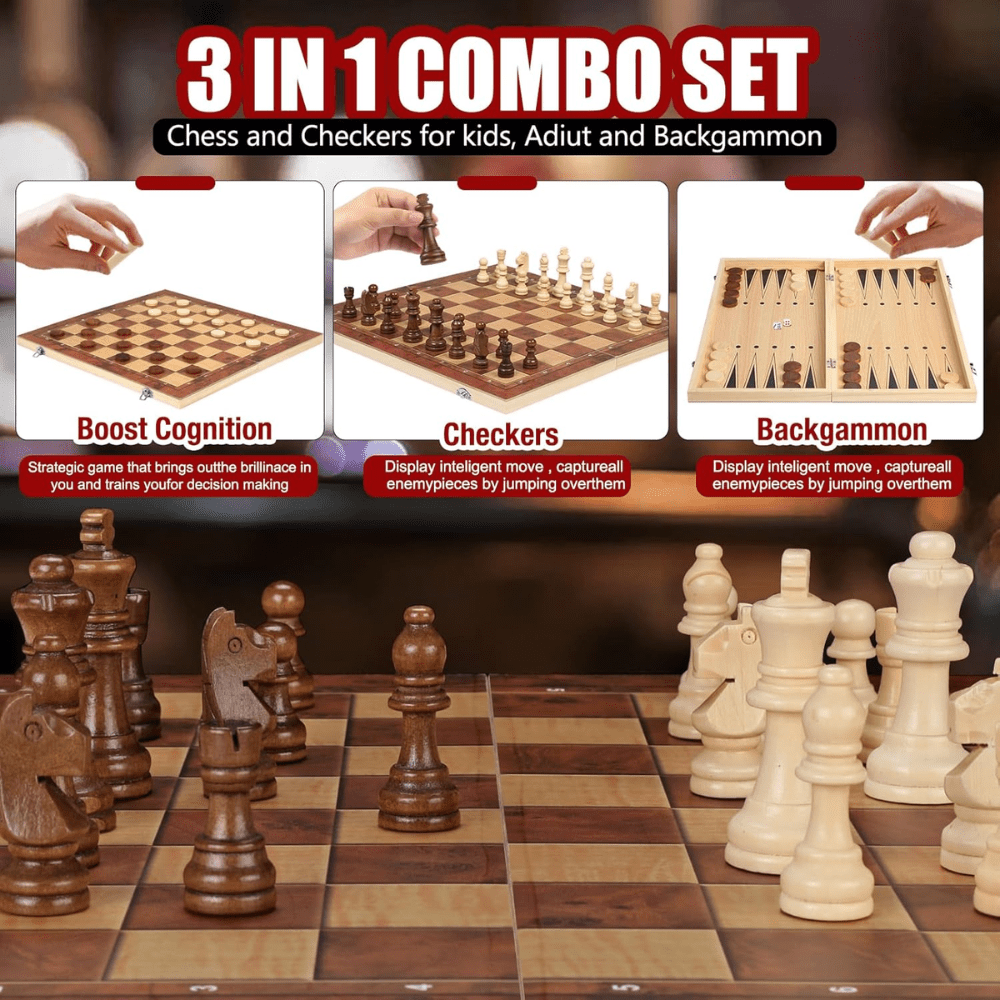 Jeu De Societe 3 En 1 En Bois – Echecs, Dames Et Backgammon