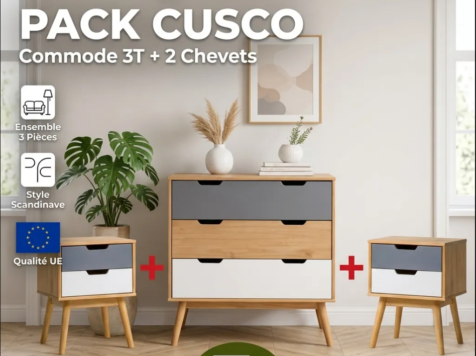 Pack Cusco – Commode 3 Tiroirs + 2 Chevets