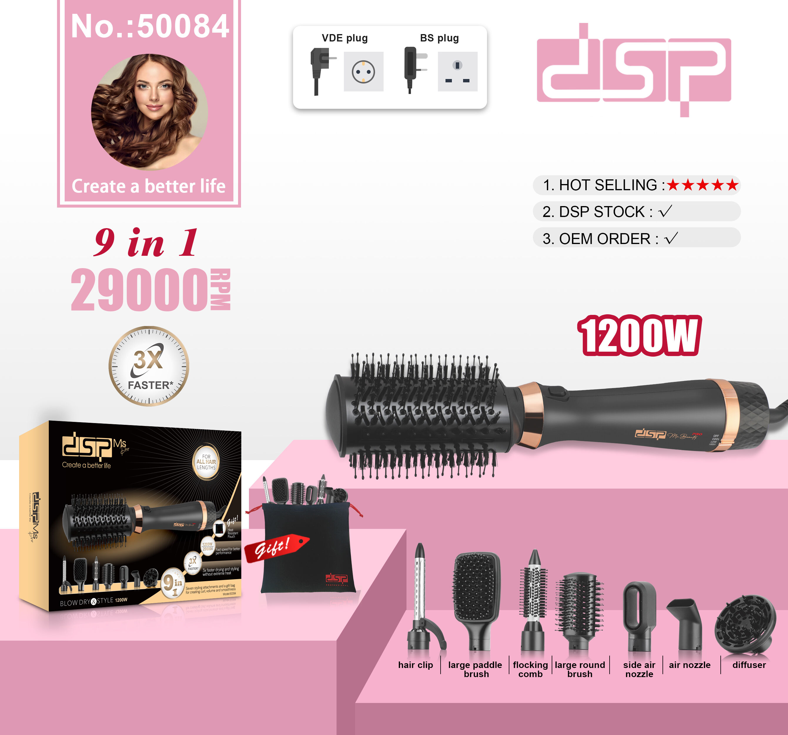 Brosse À Air Chaud Sèche-cheveux Électrique 9 En 1 Lisseur, Peigne Et Brosse À Friser Coiffure Professionnelle, 29 000 Tr/min, 1 200 W