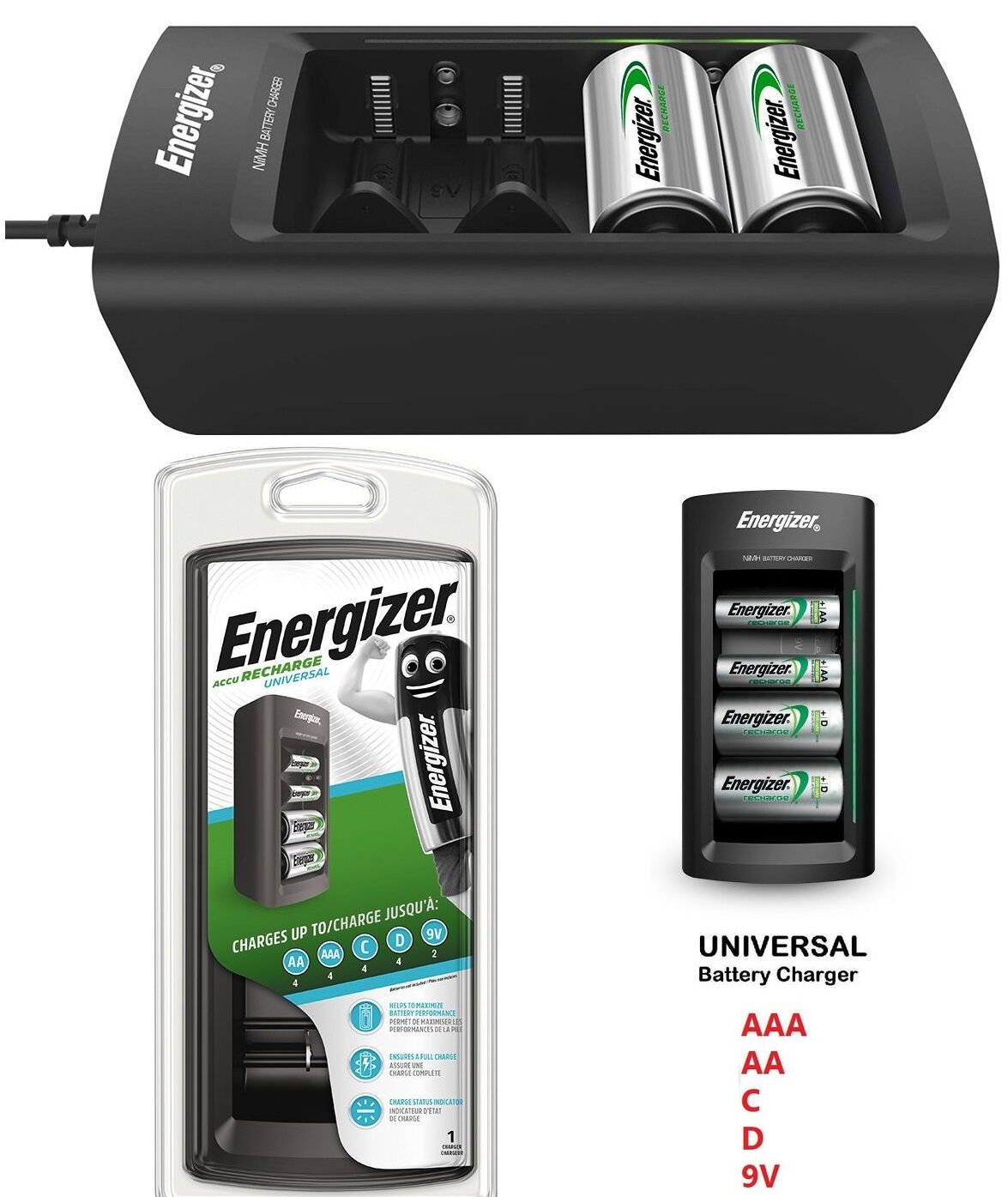 Chargeur Rechargeable Universel Energizer Pour Piles C Cell, D Cell, Aa, Aaa Et 9v