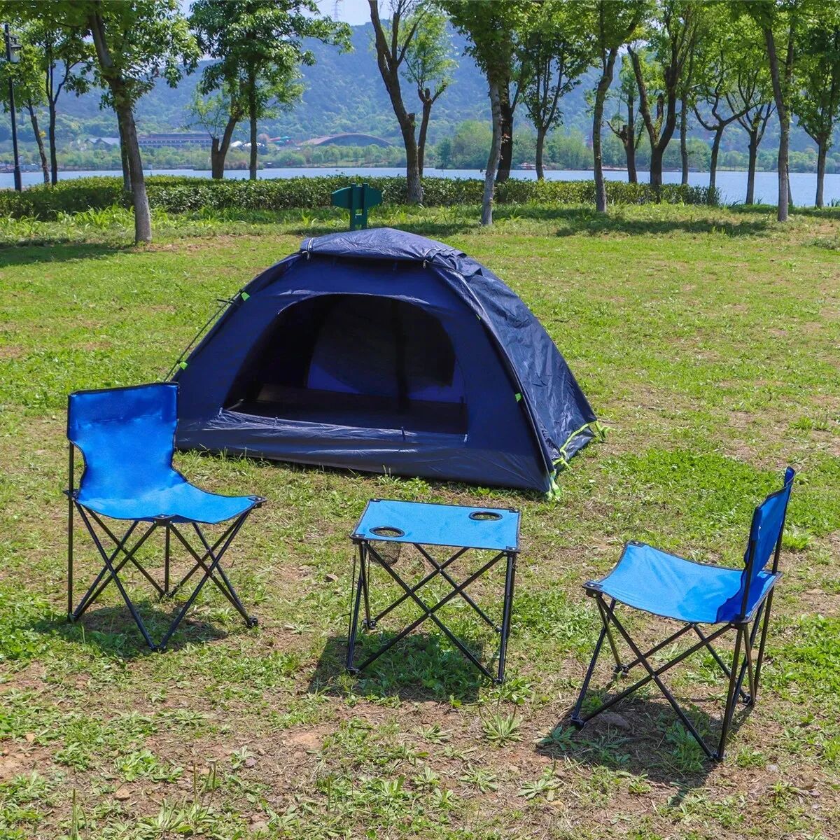 Ensemble Table Et Chaise Avec Porte-gobelet En Maille Pour Pique-nique, Voyage, Camping Vert thumbnail 4