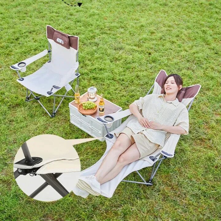 Chaise De Camping Convertible En Lit Avec Accoudoirs Et Repose-pieds, Idéale Pour Le Plein Air Biege thumbnail 1