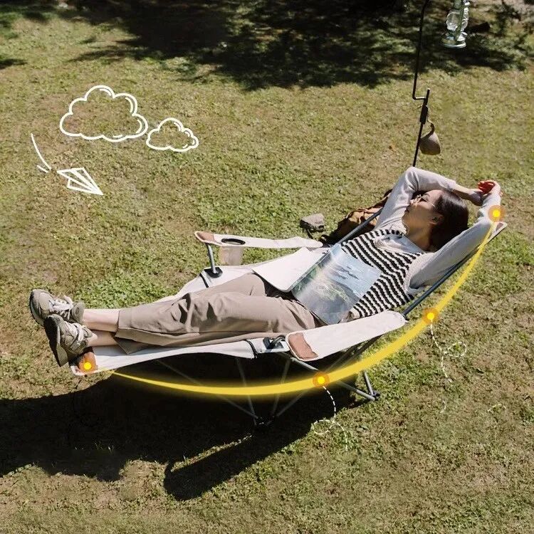 Chaise De Camping Convertible En Lit Avec Accoudoirs Et Repose-pieds, Idéale Pour Le Plein Air Biege thumbnail 2