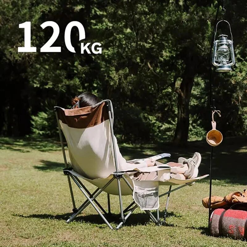 Chaise De Camping Convertible En Lit Avec Accoudoirs Et Repose-pieds, Idéale Pour Le Plein Air Biege thumbnail 3