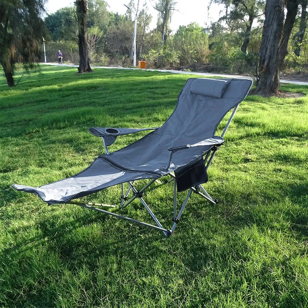 Chaise De Camping Convertible En Lit Avec Accoudoirs Et Repose-pieds, Idéale Pour Le Plein Air Biege thumbnail 5