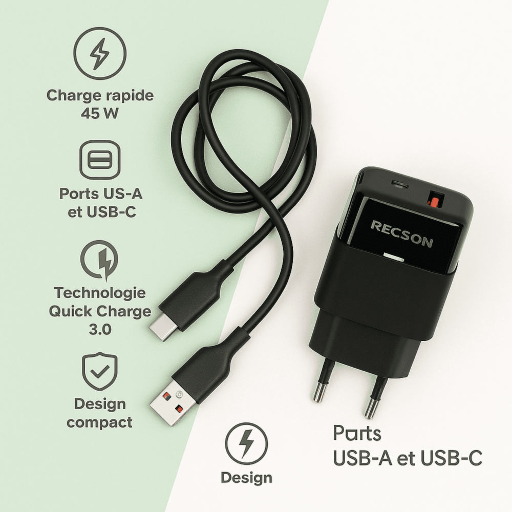 Chargeur Rapide 45w - QC 3.0, Port USB & Type-c 