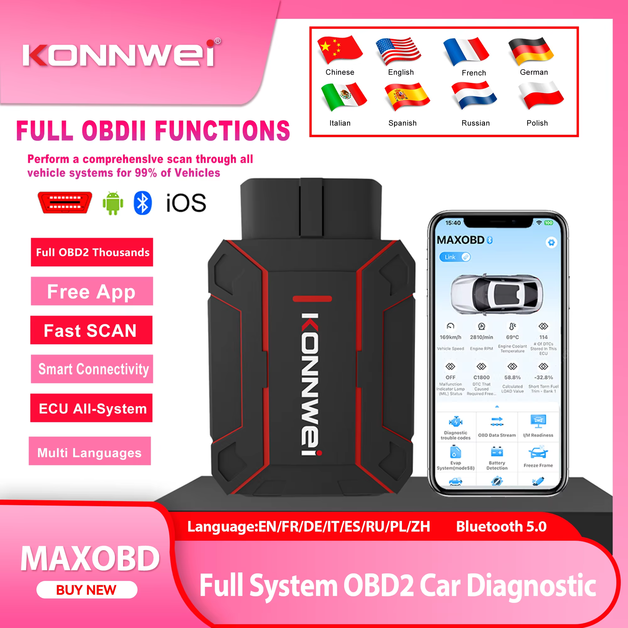 Scanner Obd2 Bluetooth Voiture R2sum2 – Diagnostic Auto & Lecture/effacement Codes Défaut Via Application