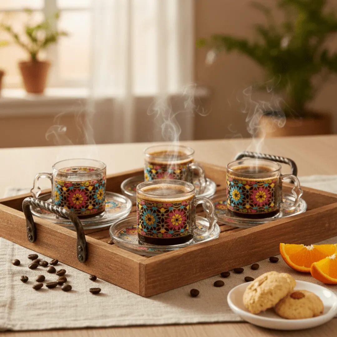 Ensemble De Vaisselle Élégant En Verre Artisanal – 12 Pièces Avec Tasses Et Soucoupes Décorées À La Main (colleur Aléatoire) thumbnail 5