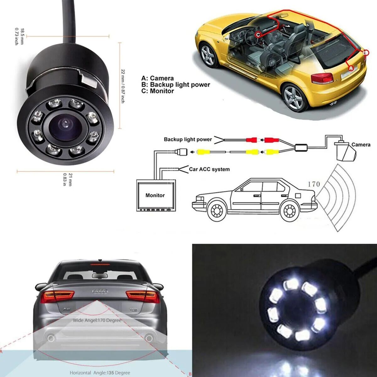 Caméra De Recul Universelle Pour Voiture Avec 8 Led Nuit Visible Imperméable Ronde thumbnail 3