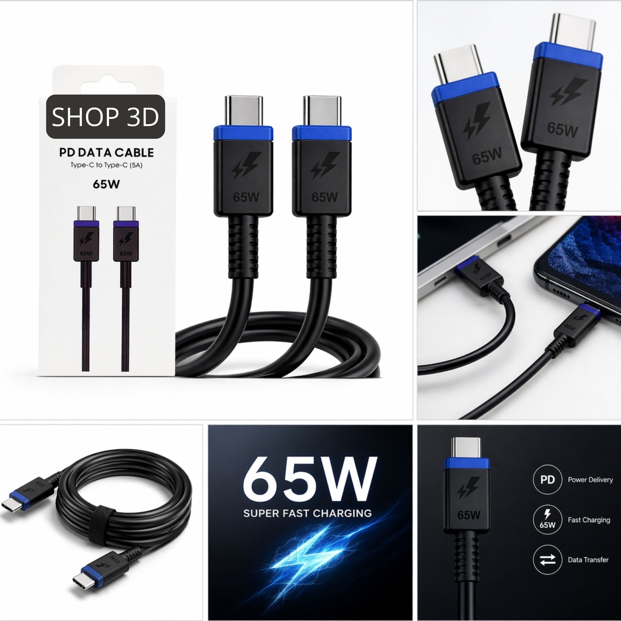 Câble De Charge Rapide Pd 65w Double Type C 1m