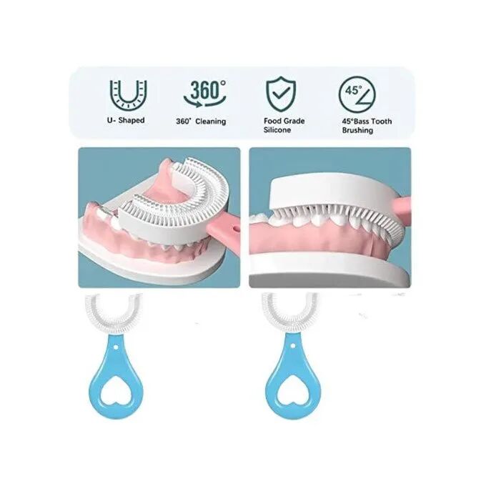 Une Bouche Heureuse Brosse À Dents Innovante En Silicone En Forme De U Pour Enfants Rose thumbnail 3