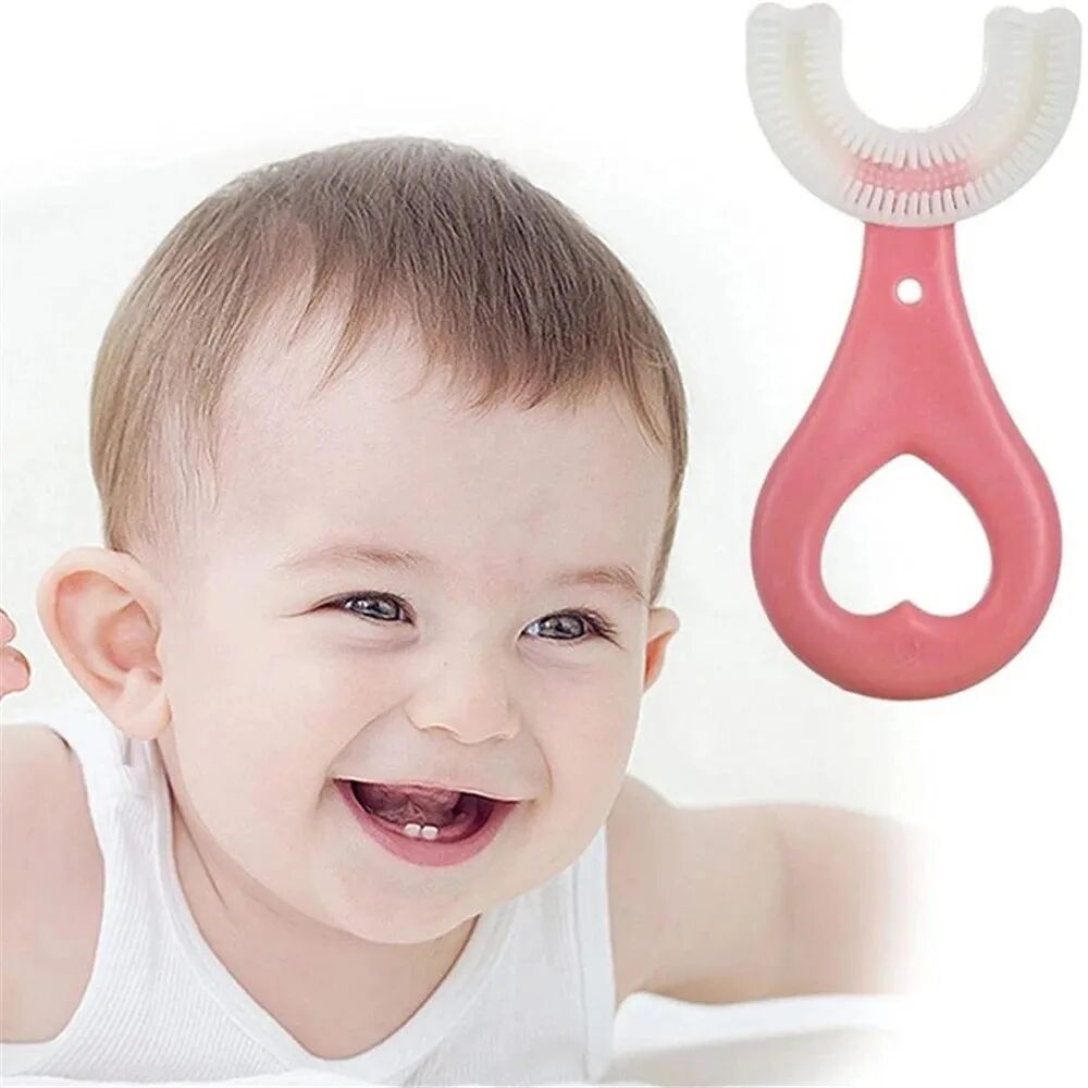 Une Bouche Heureuse Brosse À Dents Innovante En Silicone En Forme De U Pour Enfants Rose thumbnail 4