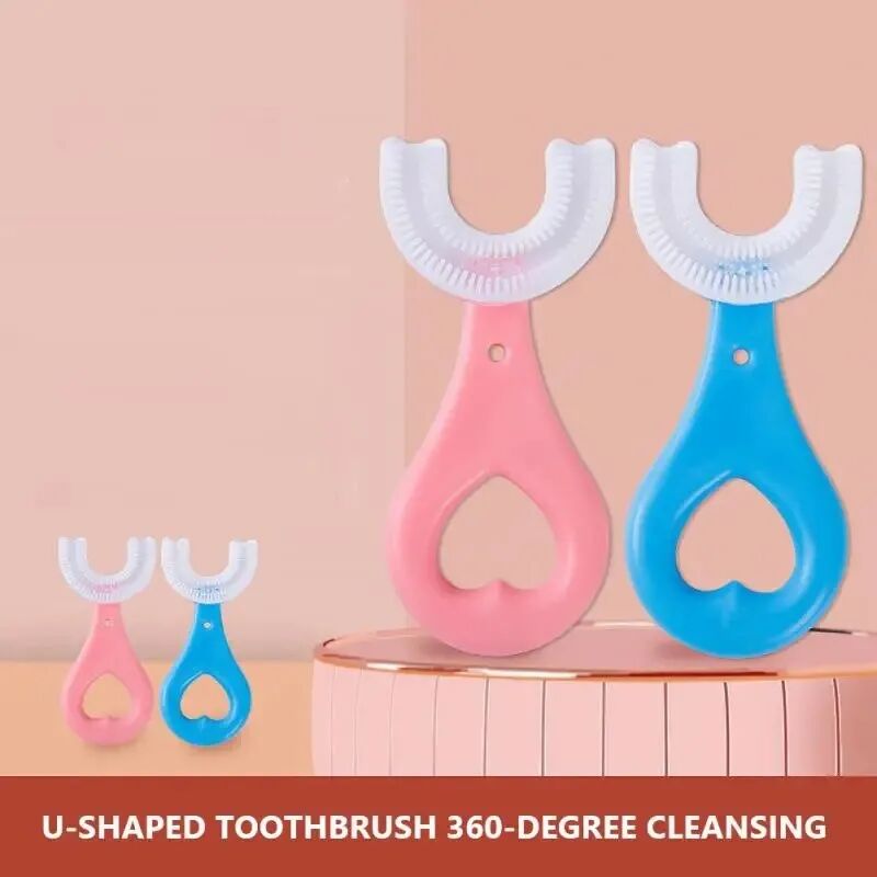 Une Bouche Heureuse Brosse À Dents Innovante En Silicone En Forme De U Pour Enfants Rose thumbnail 5