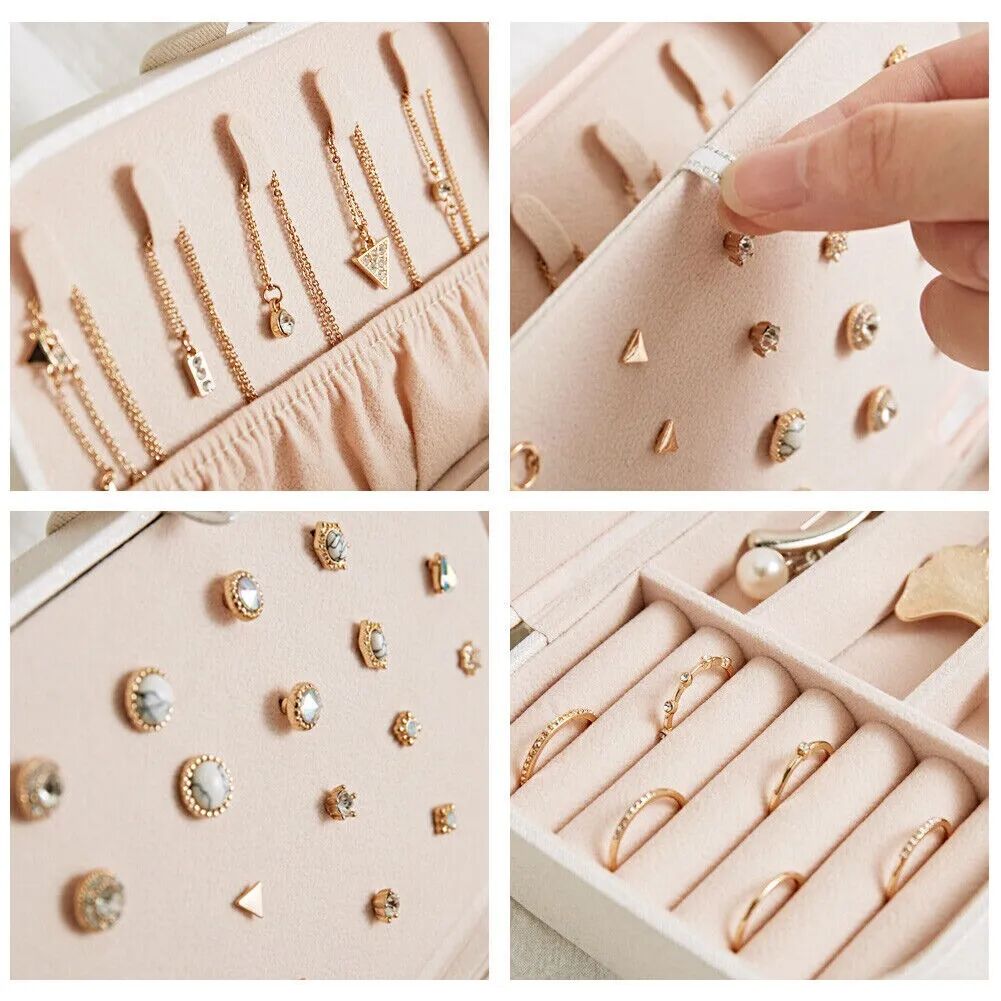 Boîte À Bijoux Portable En Cuir Pu Pour Collier, Boucles D'oreilles, Bague Rose Claire thumbnail 4