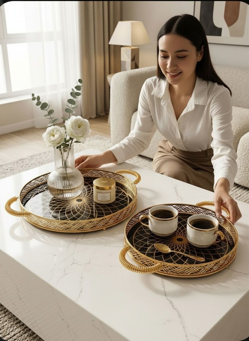 Plateaux De Service Ronds Dorés Design Élégant (lot De 2)