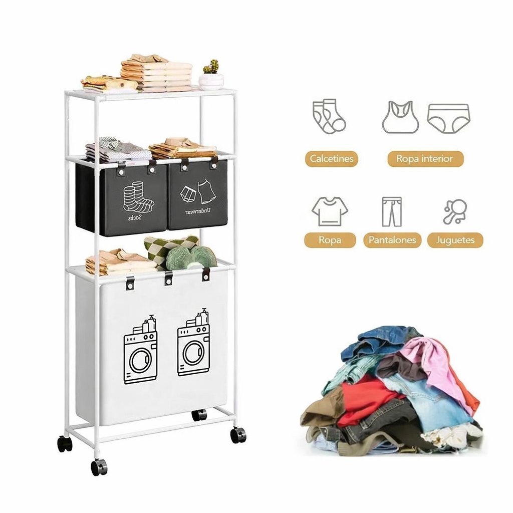 Chariot De Rangement À Linge 3 Niveaux Avec Sacs De Tri Et Roulettes