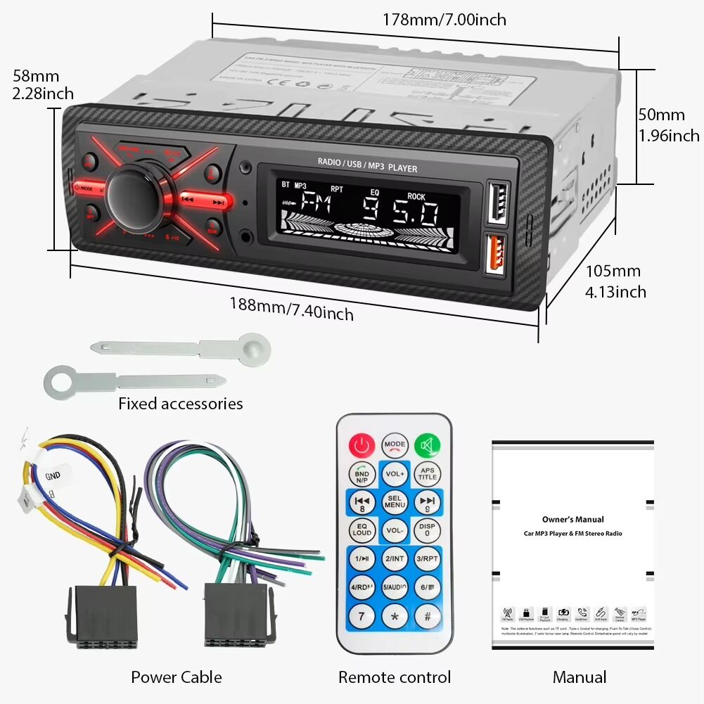Poste Radio Voiture, Lecteur Mp3 Bluetooth Pour Voiture, Lumière Sept Couleurs Haute Puissance 12v,fm/aux/usb,disque Flash,machine,charge De Téléphone Haute Fidélité thumbnail 2