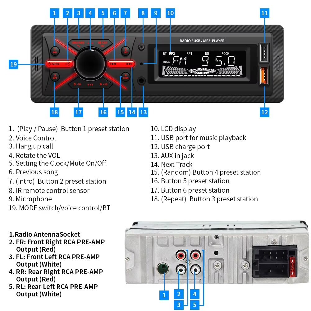 Poste Radio Voiture, Lecteur Mp3 Bluetooth Pour Voiture, Lumière Sept Couleurs Haute Puissance 12v,fm/aux/usb,disque Flash,machine,charge De Téléphone Haute Fidélité thumbnail 3