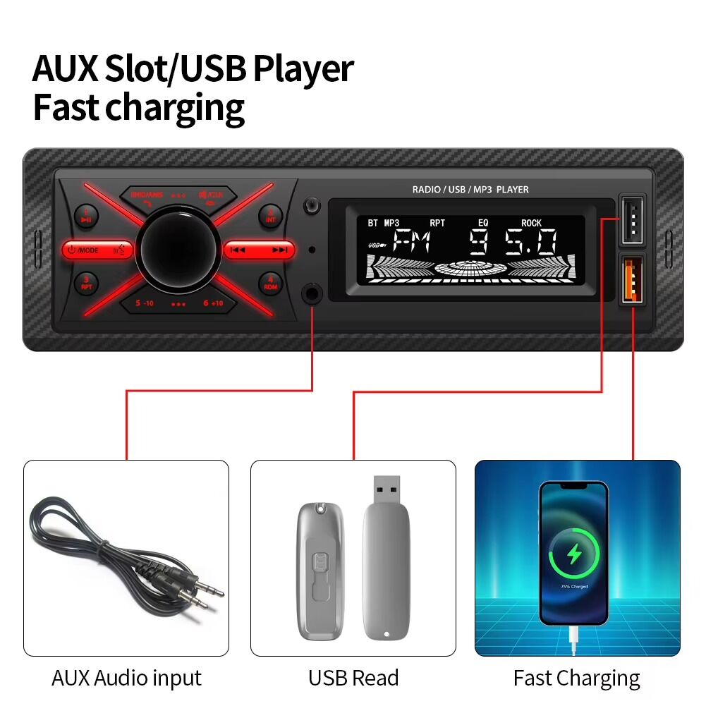 Poste Radio Voiture, Lecteur Mp3 Bluetooth Pour Voiture, Lumière Sept Couleurs Haute Puissance 12v,fm/aux/usb,disque Flash,machine,charge De Téléphone Haute Fidélité thumbnail 4