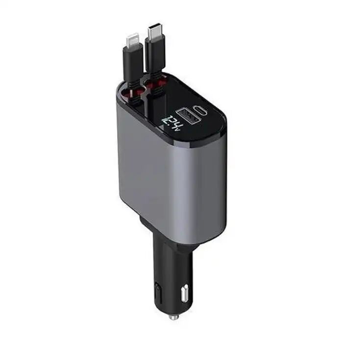 Fast Charger Chargeur De Voiture Avec Cable Intégré Rétractable Lightning + Type-c, Couleur Et Design Aléatoire