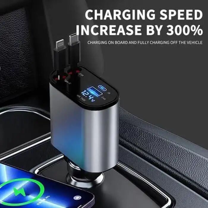 Fast Charger Chargeur De Voiture Avec Cable Intégré Rétractable Lightning + Type-c, Couleur Et Design Aléatoire thumbnail 4