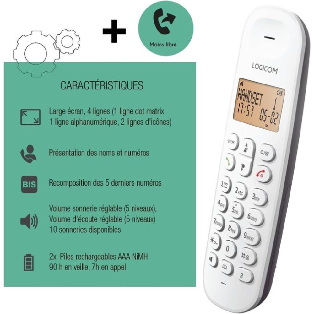 Téléphone Fixe Sans Fil Logicom Iloa 150 Couleur Aléatoire + 2 Piles Rechargable Gratuit