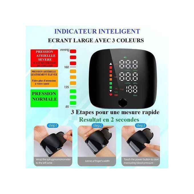 Tensiomètre Au Poignet Tensiomètre Numérique Appareil Tension Artérielle Rechargeable Avec Cable Type C thumbnail 4