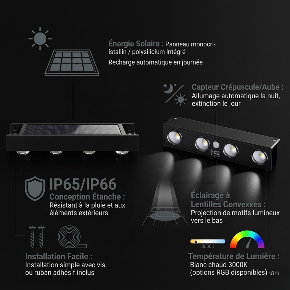 Lampe Solaire Murale Noire À Éclairage Descendant thumbnail 6