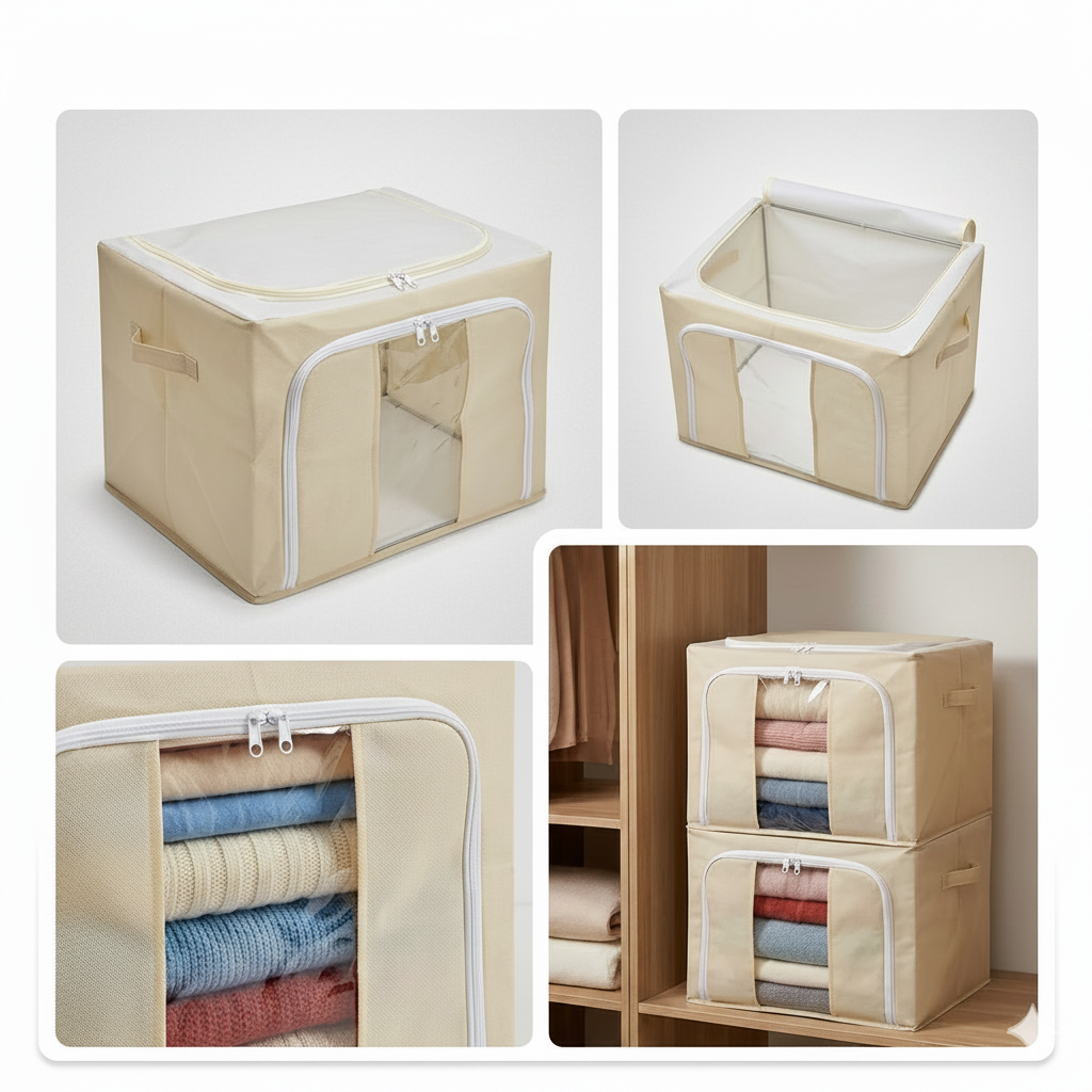 Boîte De Rangement Pliable Grande Capacité Pour Vêtements Avec Fermeture Éclair (couleur Aléatoire) thumbnail 3