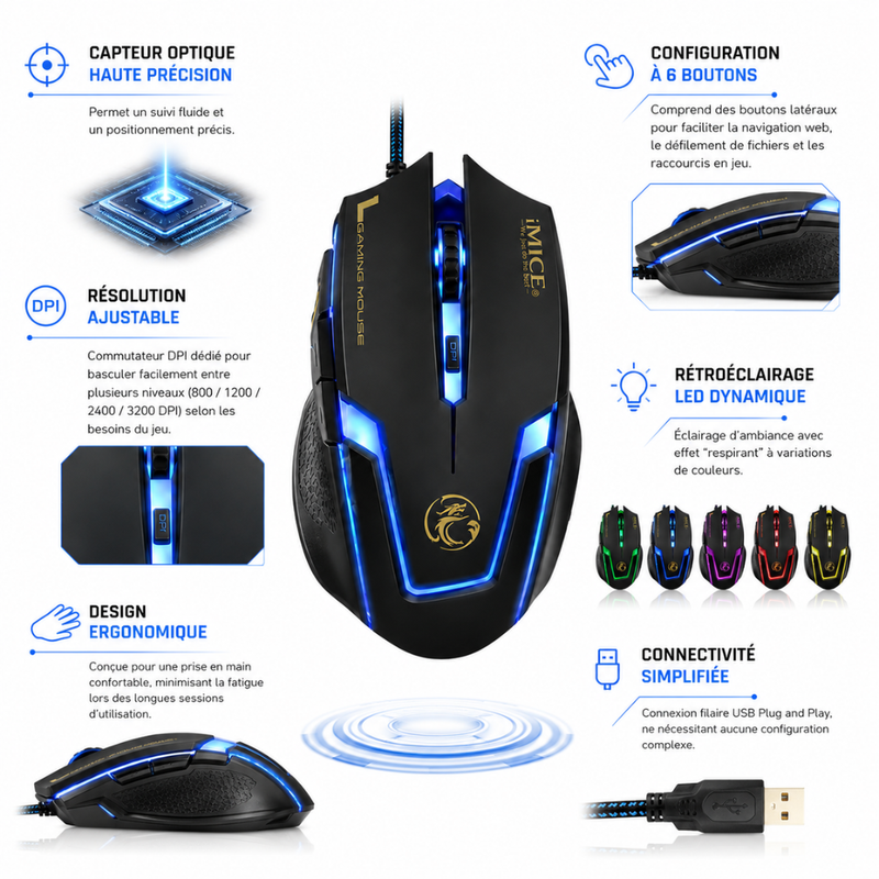 Souris Gaming Filaire Imice A9 -couleur Aléatoire