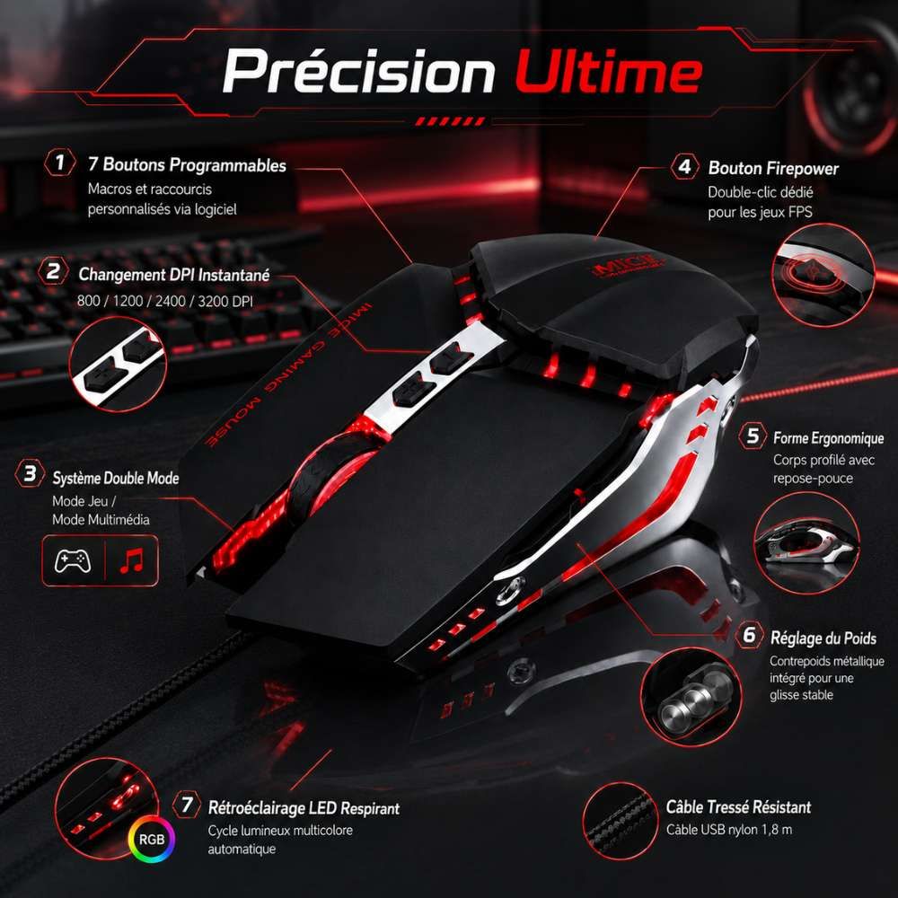 Souris Gamer Filaire T80 - Couleur Aléatoire