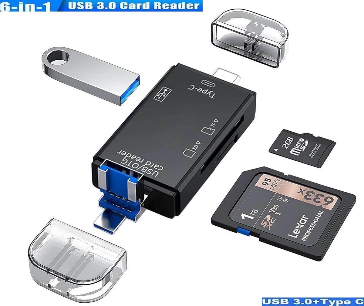 Lecteur De Carte Otg 6 En 1 Usb/micro Usb/type-c Sd Tf Pour Smartphone Et Pc