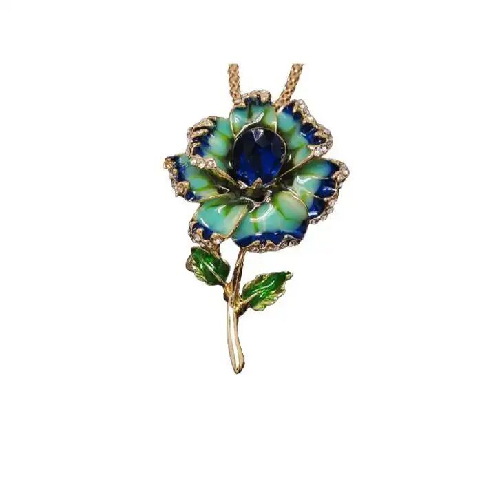 Collier Pendentif Fleur Émaillée Bleue Avec Cristal Et Chaîne Incluse