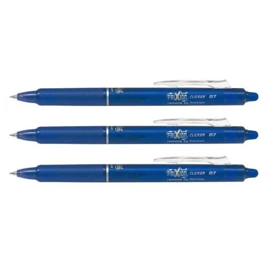 Set 3 Stylos Billes Bleu Gel 0,7 Rétractable Effaçable & Rechargeable