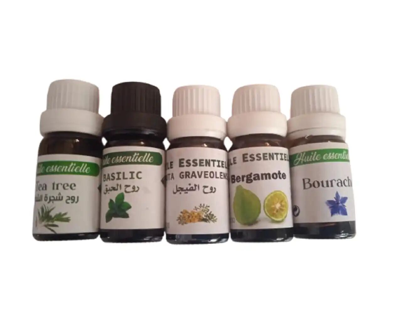 Lot De 5 Huiles Essentielles Bergamote + Graveolens + Tea Tree + Basilic+ Bourache
