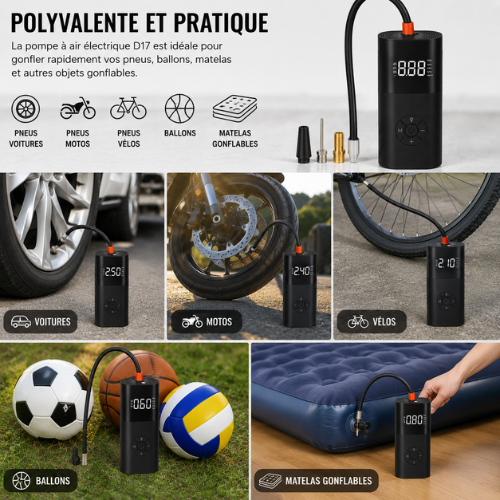 Pompe À Air Électrique D17 Portable Avec Manomètre Numérique Et Lampe Led thumbnail 2