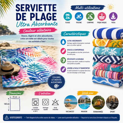 Serviette De Plage Ultra Absorbante – Couleur Aléatoire thumbnail 2