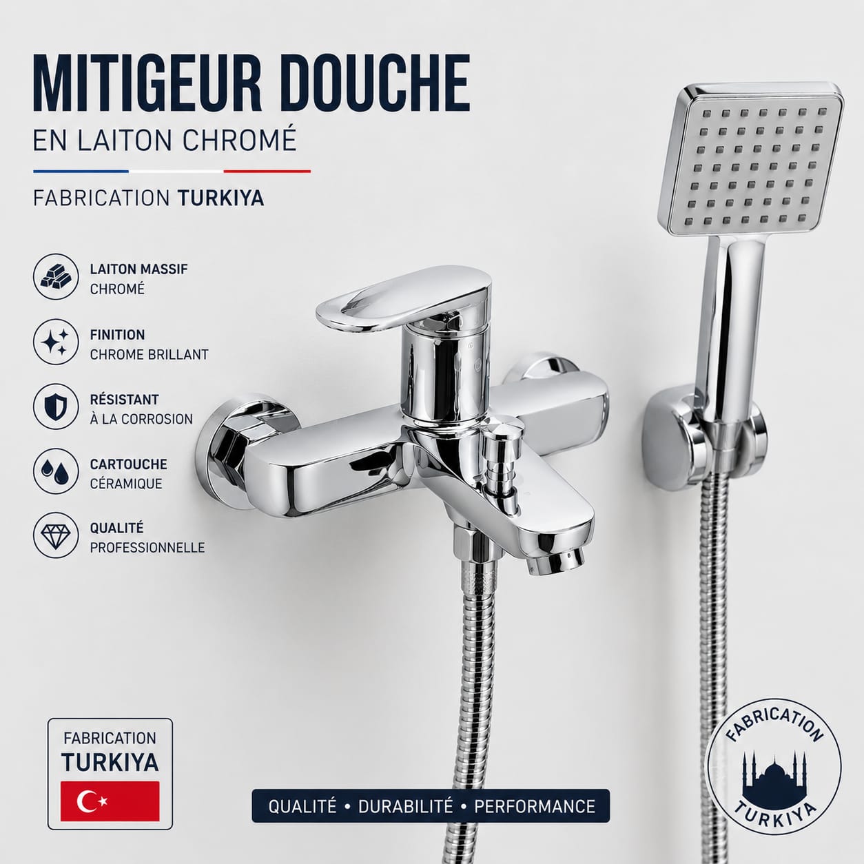 Mitigeur Douche Chromé En Laiton Massif – Fabrication Turque
