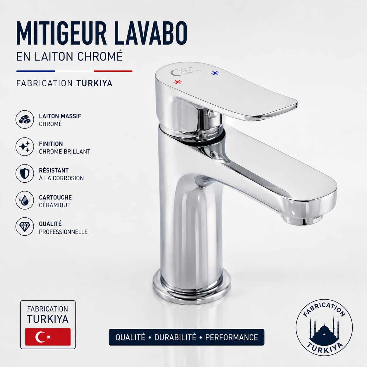 Mitigeur Lavabo Chromé En Laiton Massif – Fabrication Turque