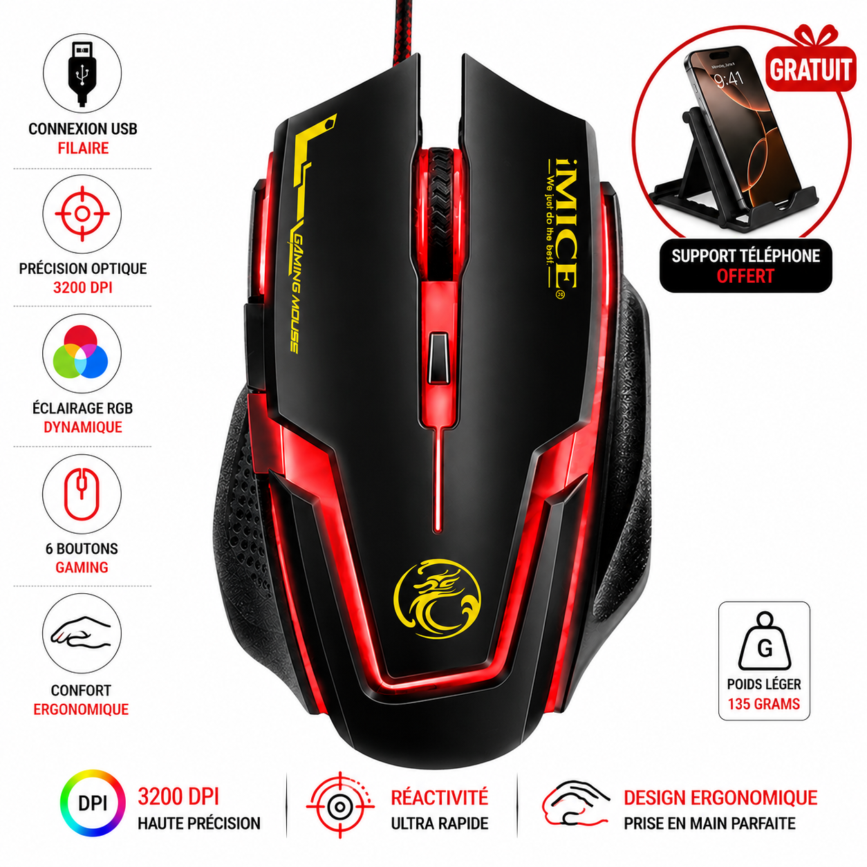 Souris Gaming Rgb Professionnelle Support Téléphone Offert Couleur Aléatoire