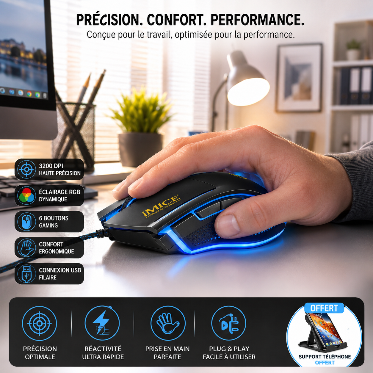 Souris Gaming Rgb Professionnelle Support Téléphone Offert Couleur Aléatoire