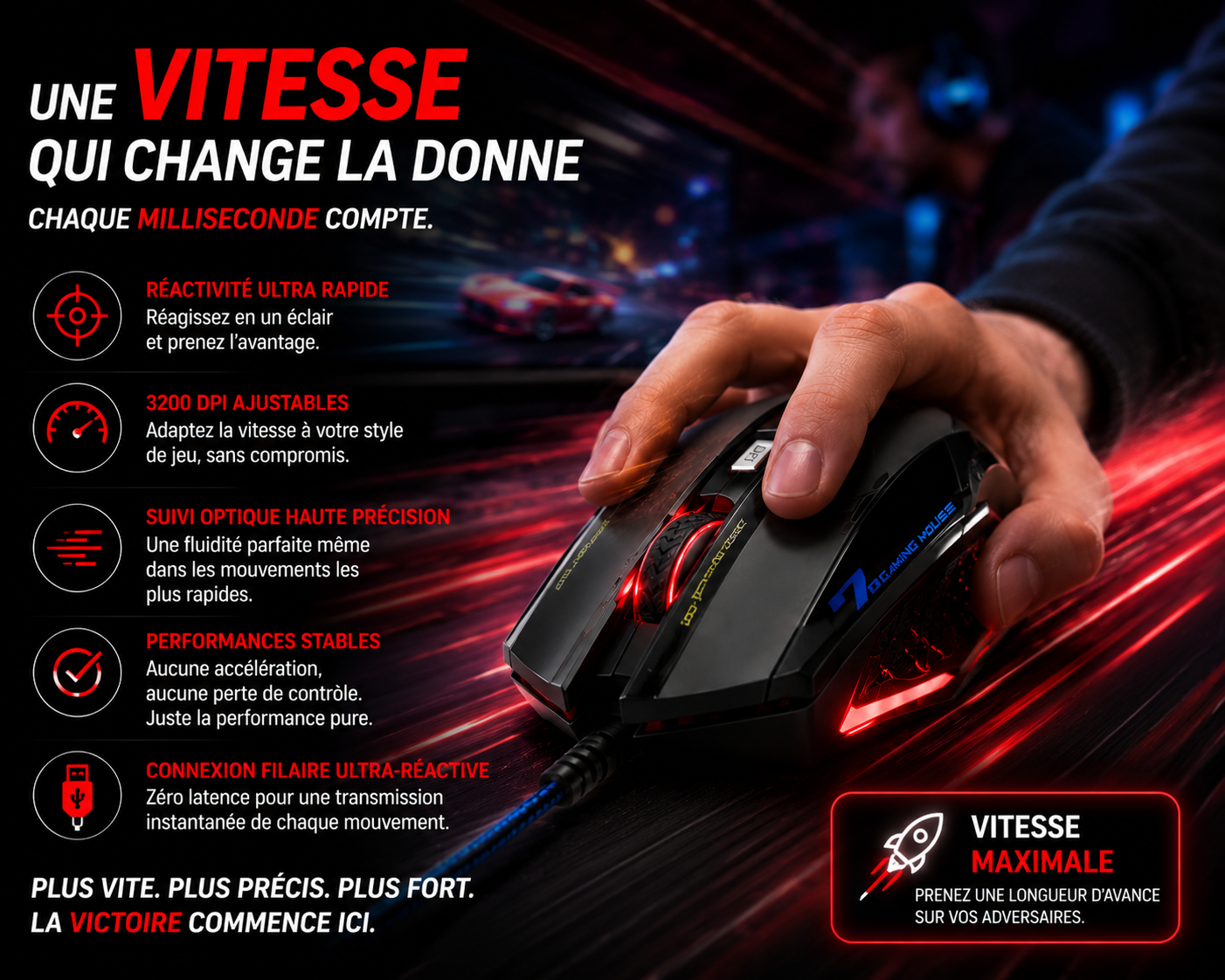 Souris Gaming Rgb 3200 Dpi Couleur Aléatoire + Support Téléphone Offert thumbnail 3